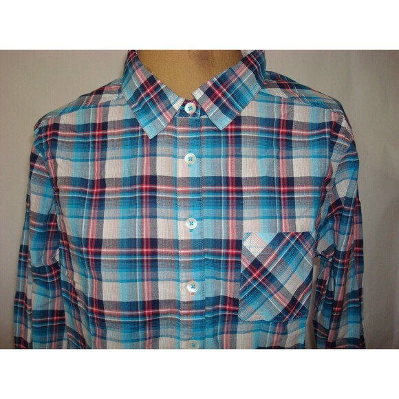 New Womens NWT M Blue White Red Pink PrAna Top Plaid Organic Casual Gina Roll - Picture 4 of 9